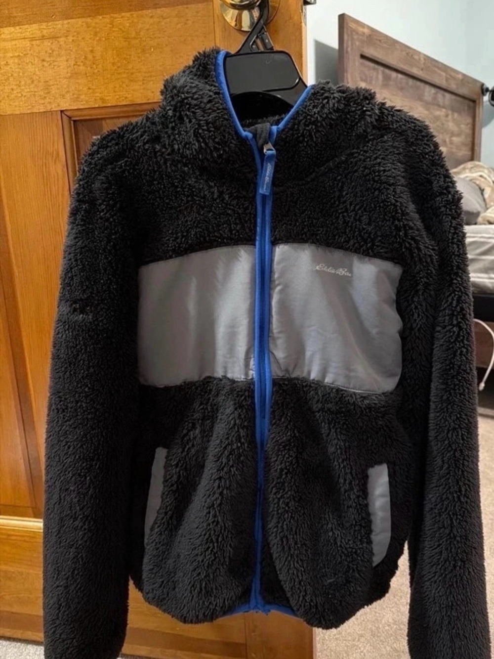 Eddie Bauer Kids Black Sherpa Jacket with Gray Panels and Blue Trim